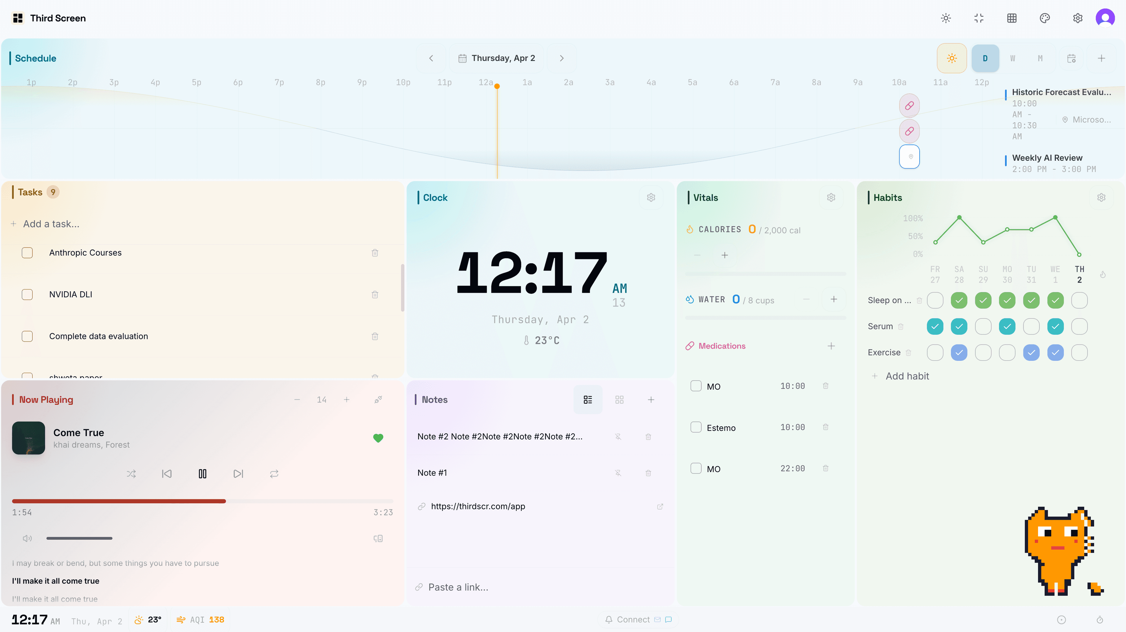 The Third Screen dashboard: timeline, tasks, notes, vitals and music on one screen